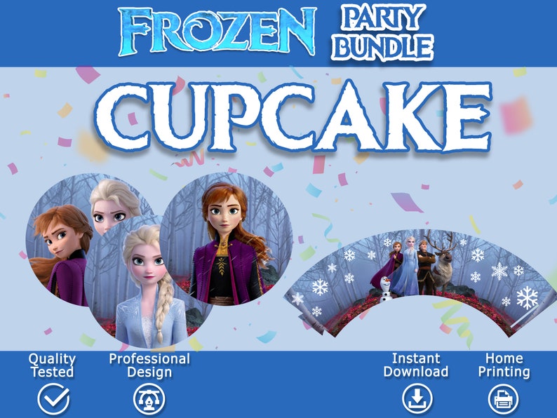 K&ouml;nnte beinhalten: Frozen Party Bundle Cupcake Wrapper zum Ausdrucken, digitaler Download.  Enth&auml;lt Cupcake Wrapper mit Bildern von Elsa, Anna, Olaf, Kristoff und Sven in einer verschneiten Waldlandschaft.  Qualit&auml;tsgepr&uuml;ft und professionell gestaltet.