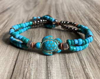 Turquoise Sea Turtle Leather Bracelet with Glass Beads and Wooden Button Closure