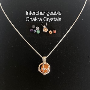 May include: Interchangeable Chakra Crystals necklace with a silver chain and a cage pendant containing a carnelian stone. The necklace comes with seven different chakra stones: black lava, amethyst, lapis lazuli, green aventurine, clear quartz, carnelian, and red jasper.
