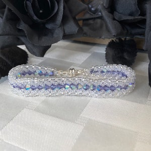 Tanzanite Crystal Bicone Bracelet: Lavender Seed Bead, Silver Magnetic Clasp