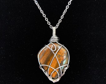 Raw Tiger's Eye Pendant with Minimalist Stainless Steel Wire Wrap and Chain