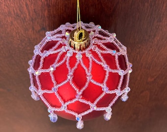 Beaded Christmas Ornament Cover Pattern Tutorial with Netting for 3.15" 80mm Round Bauble