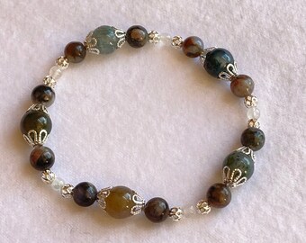 Indian Agate, Llanite and Rainbow Moonstone Elastic Stretchy Bracelet with Silver Accents