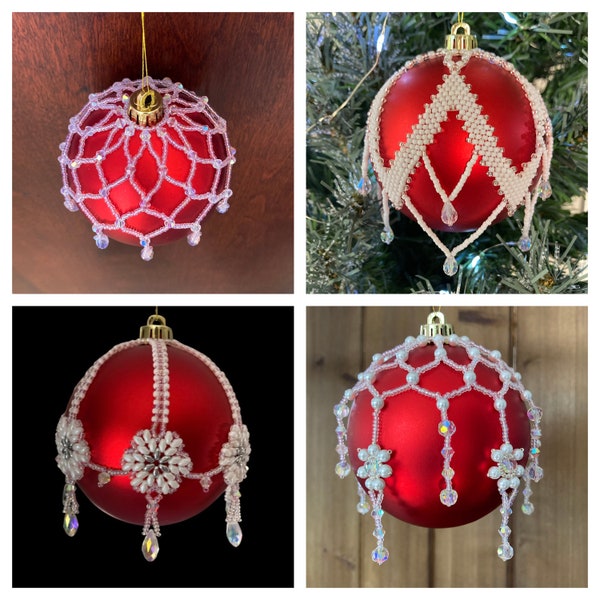 4 Beaded Christmas Ornament Patterns / Tutorials for 80mm, 3.15" Round Bauble Ornaments