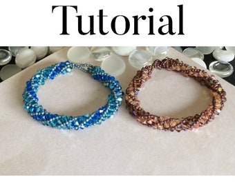 Russian Spiral Beaded Bracelet (Necklace) Tutorial Pattern using Bicone Crystals and Seed Beads in Blue and Topaz / Gold