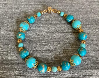 Turquoise Bracelet with Gold Filigree Accents and Magnetic Clasp Turquoise Boho Beach Bracelet Turquoise Bead Bracelet