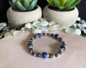 Sodalite and Natural Hematite Elastic Stretchy Bracelet with Silver Accents