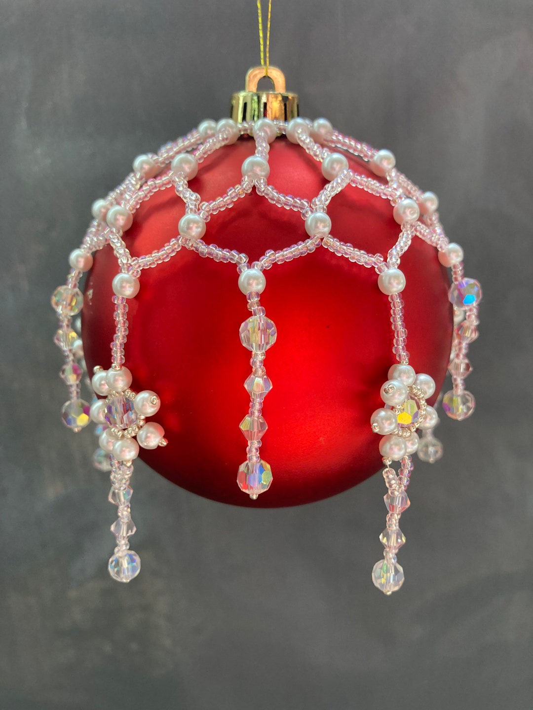 Beaded Christmas Ornament Cover Pattern and Tutorial With Netting, Snowflakes and Icicles for