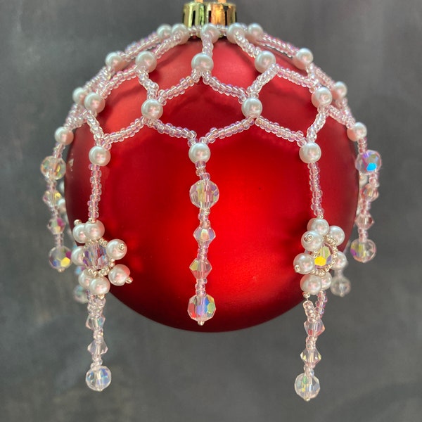 Beaded Christmas Ornament Cover Pattern and Tutorial with Netting, Snowflakes and Icicles for 80mm (3.15") Round Bauble Ornament