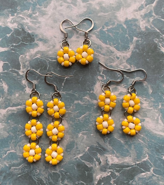 Yellow Seed Bead Flower Earrings: Handmade Boho Dangle Jewelry