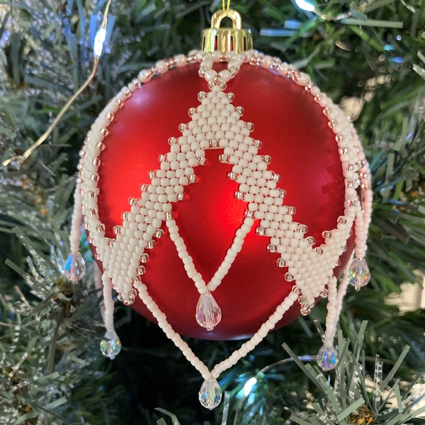 Elegant Beaded Christmas Ornament Cover Tutorial / Pattern for 80mm, 3.15" Round Bauble, Instant Download PDF