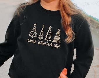 Sweat-shirt de Noël I « grande sœur 2024 » ou texte souhaité I avec des arbres de Noël I annonce 2ème enfant Noël I pull-over