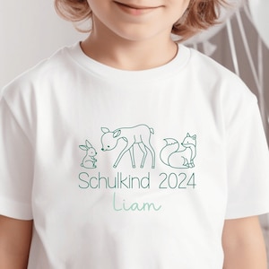 Wit T-shirt Schulkind 2024 met bosdieren I konijn hert vos I cadeau voor startende school I gepersonaliseerd met naam I eerste schooldag afbeelding 1