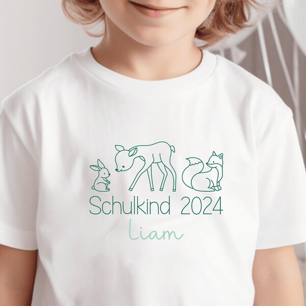 White T-shirt “Schulkind 2024” with forest animals I rabbit deer fox I gift for starting school I personalized with name I first day of school