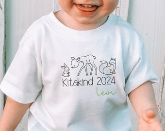 T-shirt blanc avec animaux de la forêt « Kitakind 2024 » ou texte souhaité I lapin cerf renard I personnalisé avec nom I manche longue ou manche courte