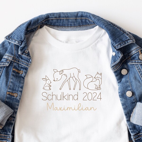 White T-shirt “Schulkind 2024” with forest animals I rabbit deer fox I gift for starting school I personalized with name I first day of school