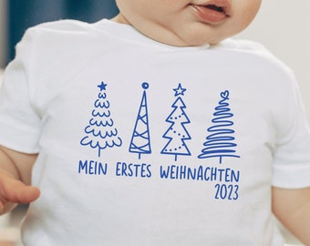 mon premier body ou T-shirt bébé Noël 2023 avec des sapins de Noël que j'ai personnalisé avec mon prénom I tenue de Noël bébé