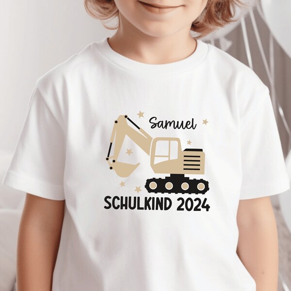 White T-shirt “Schulkind 2024” with excavator and stars, printed in desired color I personalized with name I gift for school enrollment