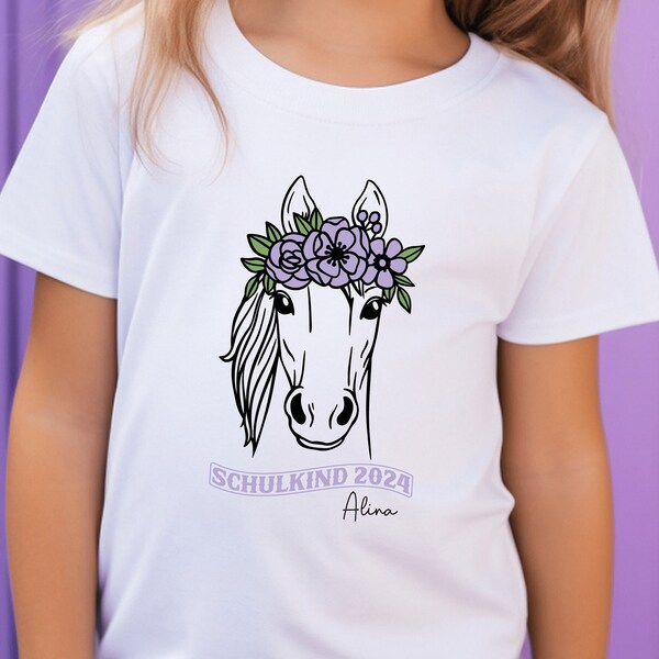White T-shirt “Schulkind 2024” with horse and flower wreath, personalized with name I Gift for starting school I Outfit first day of school