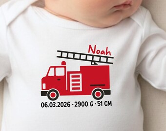 Body para bebé con diseño de camión de bomberos - personalizado con nombre y/o datos de nacimiento | Regalo para recién nacidos | Manga corta/Manga larga