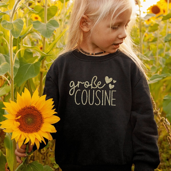 schwarzer Pulli "große Cousine" mit Herzen I Sweatshirt I Geschenk für Cousinen I Schwangerschaftsverkündung