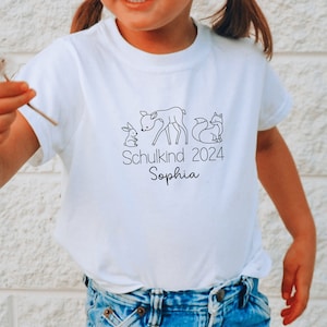 Wit T-shirt Schulkind 2024 met bosdieren I konijn hert vos I cadeau voor startende school I gepersonaliseerd met naam I eerste schooldag afbeelding 3