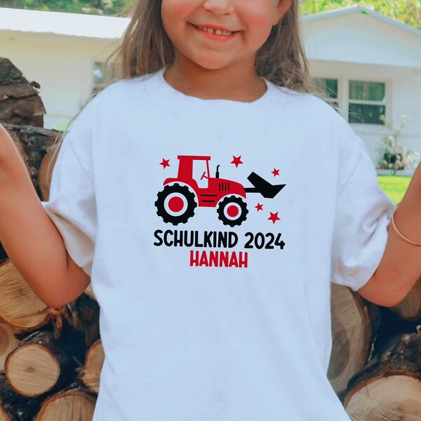 white T-shirt “Schulkind 2024” with tractor and stars, printed in desired color I personalized with name I outfit first day of school