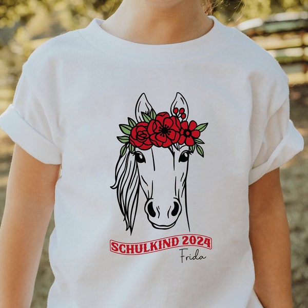 White T-shirt “Schulkind 2024” with horse and flower wreath, personalized with name I Gift for starting school I Outfit first day of school