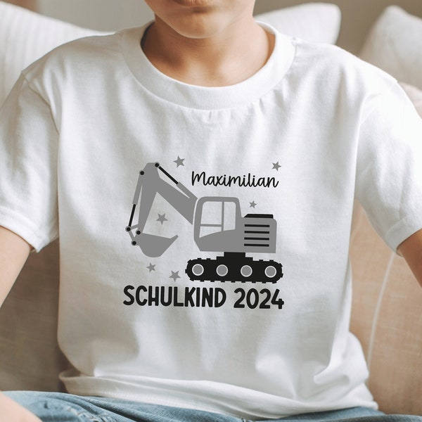 White T-shirt “Schulkind 2024” with excavator and stars, printed in desired color I personalized with name I outfit first day of school