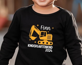 camisa negra con excavadora "Niño de jardín de infantes 2024" o texto deseado I, por ejemplo, niño de guardería / niño de guardería que personalicé con el nombre a pedido