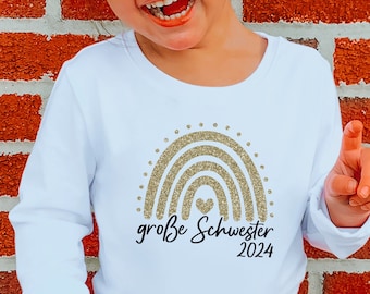 weißes T-Shirt oder Baby Body "große Schwester 2024" boho Regenbogen I Verkündung zweites Kind I Geschenk Geschwister Geburt