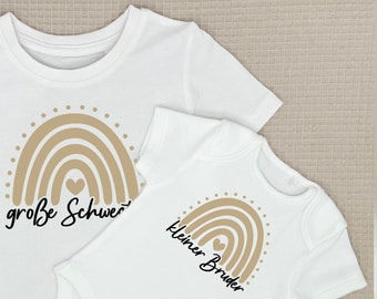 wit T-shirt of baby bodysuit "grote zus" / "kleine broer" boho regenboog Ik kan gecombineerd worden met een broer of zus outfit Ik geef geboorte