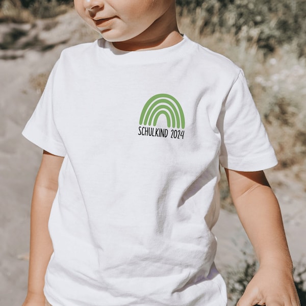 White T-shirt “Schulkind 2024” with rainbow, printed in desired color I gift for starting school I subtle print I outfit for the first day of school