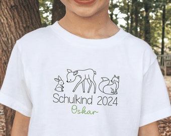 weißes T-Shirt „Schulkind 2024“ mit Waldtieren I Hase Reh Fuchs I Geschenk zur Einschulung I personalisiert mit Name I erster Schultag