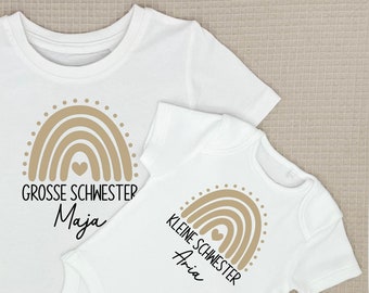 weißes T-Shirt oder Baby Body „große Schwester“ / „kleine Schwester" mit Name und Boho Regenbogen I zu Geschwister Outfit kombinierbar