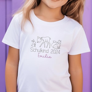 Wit T-shirt Schulkind 2024 met bosdieren I konijn hert vos I cadeau voor startende school I gepersonaliseerd met naam I eerste schooldag afbeelding 2