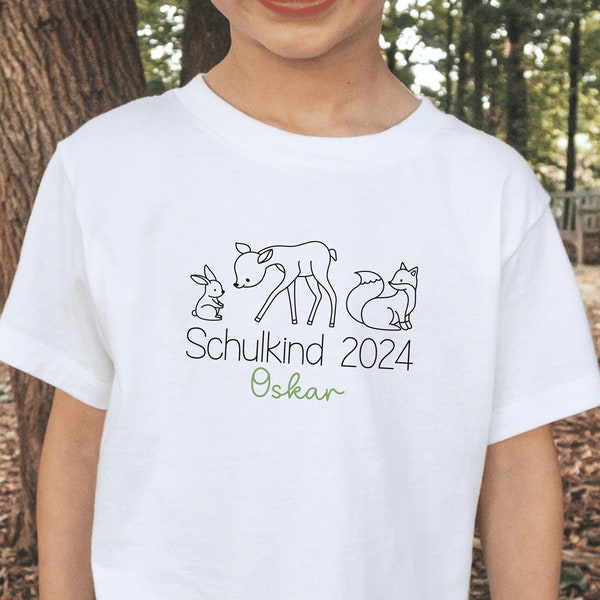 White T-shirt “Schulkind 2024” with forest animals I rabbit deer fox I gift for starting school I personalized with name I first day of school