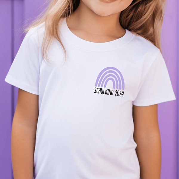 White T-shirt “Schulkind 2024” with rainbow, printed in desired color I gift for starting school I subtle print I outfit for the first day of school