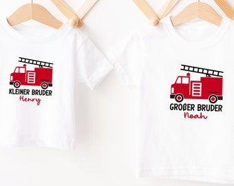 weißes T-Shirt oder Baby Body "großer Bruder" oder Wunschtext mit Feuerwehrauto I Geschenk I zu Geschwister Outfit kombinierbar I Feuerwehr