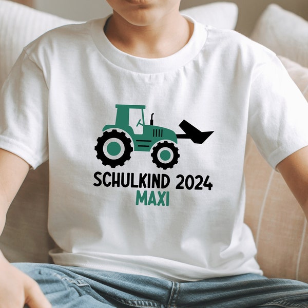 white T-shirt “Schulkind 2024” with tractor and stars, printed in desired color I personalized with name I outfit first day of school