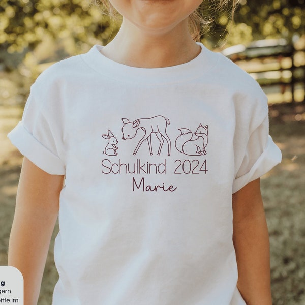 White T-shirt “Schulkind 2024” with forest animals I rabbit deer fox I gift for starting school I personalized with name I first day of school