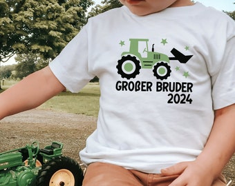 white T-shirt or baby bodysuit "big brother 2024" with tractor and stars I announcement of second child I gift big brother