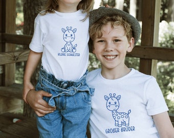 weißes T-Shirt oder Baby Body mit Giraffe I "großer Bruder" / "kleine Schwester" oder Wunschtext I zu Geschwister Outfit kombinierbar