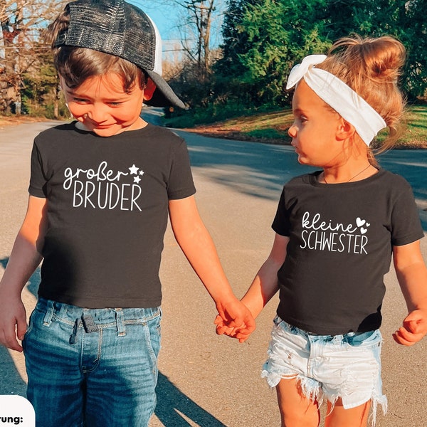 schwarzes T-Shirt oder Baby Body "großer Bruder"/"kleine Schwester" mit Namen und Herzen oder Sternen I kombinierbar zu Geschwister Outfit