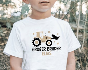 T-shirt ou chemise à manches longues « big brother » ou texte souhaité I avec tracteur et étoiles Je peux être combiné avec une tenue de frère ou sœur I cadeau