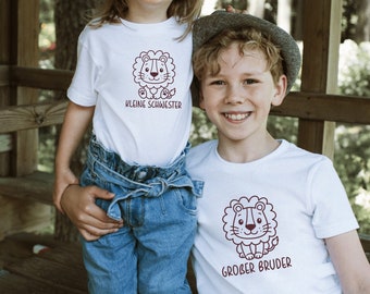 weißes T-Shirt oder Baby Body mit Löwe I "großer Bruder" / "kleine Schwester" oder Wunschtext I zu Geschwister Outfit kombinierbar