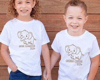 weißes T-Shirt mit Elefant I "große Schwester 2024" / "großer Cousin 2024" oder Wunschtext I Schwangerschaftsverkündung