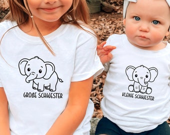 White T-shirt or baby bodysuit with elephant I "big sister" / "little sister" or desired text I can be combined with a sibling outfit