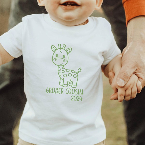 T-shirt blanc ou body bébé avec girafe I "grand cousin 2024" ou texte souhaité I annonce de grossesse
