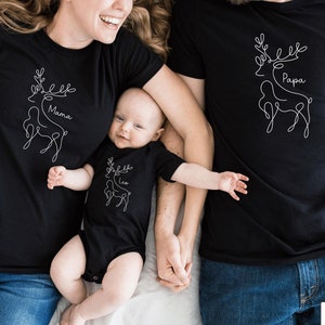 Camiseta de Natal com arte em linha de veado / rena / veado que personalizei com nome I Roupa de Natal família I sessão de fotos